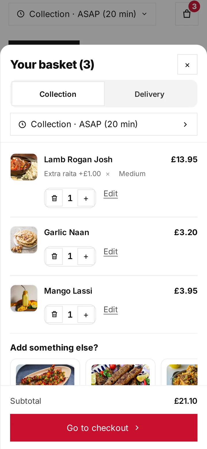 The basket with three items and Go to checkout